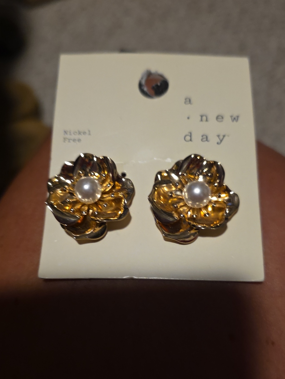 a new day Gold Flower Pearl Center Stud Earrings